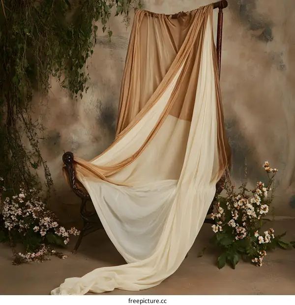 Beige and Brown Fabric Draped Over Chair with Flowers