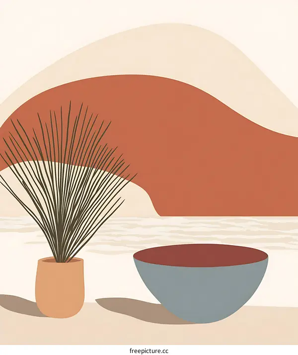 Abstract Minimalist Art with Palm Tree and Bowl