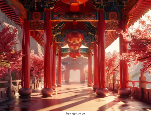 Chinese Architecture with Red Columns and an Expansive Walkway Surrounded by Nature