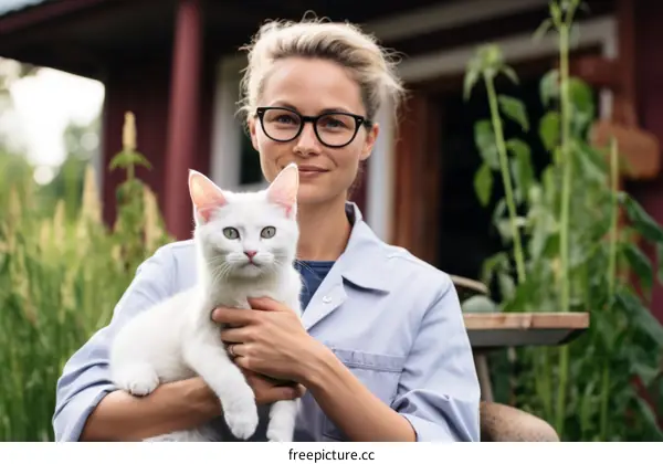 A blonde woman in glasses holding a white cat