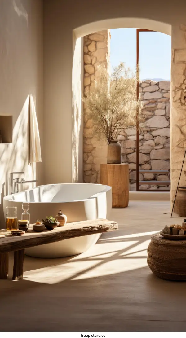Bathroom with a large bathtub, stone walls, and a view of the desert