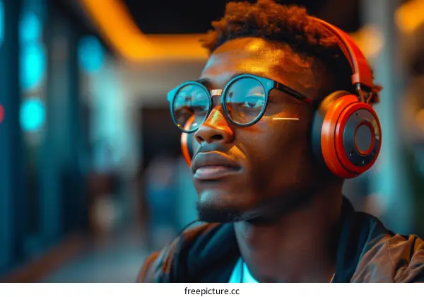 A young African-American man wearing glasses and headphones