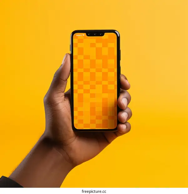 A hand holding a black smartphone with an orange screen