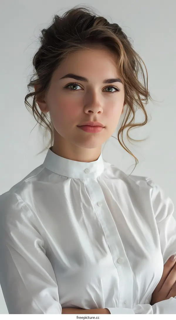 portrait of a beautiful young woman with brown hair and green eyes wearing a white blouse