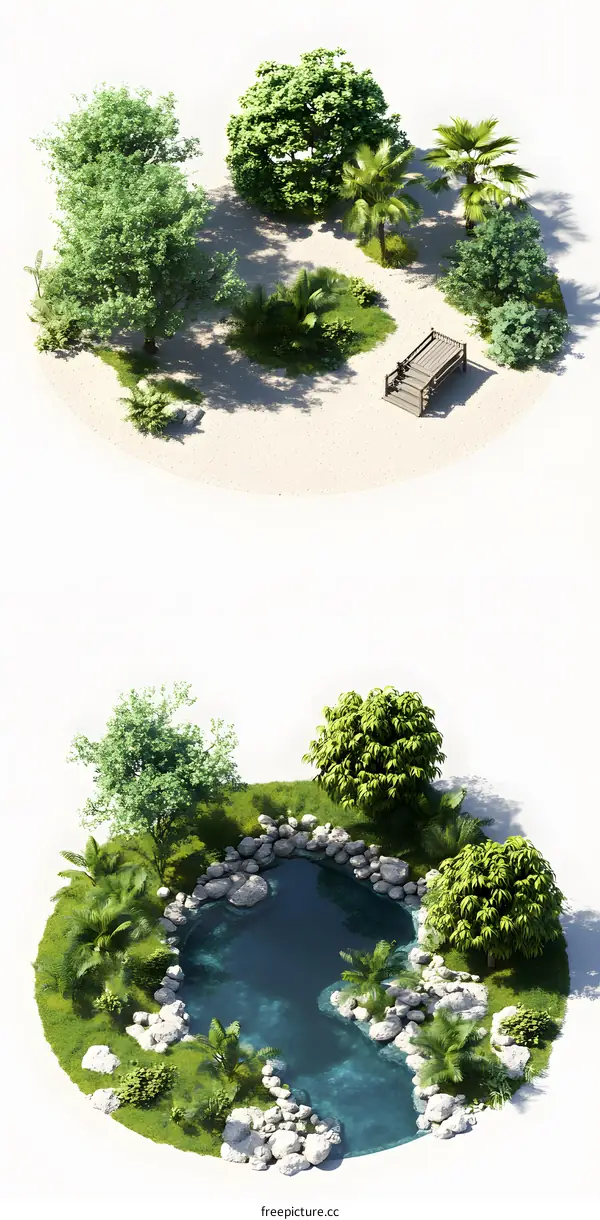 Tropical Garden with Pond and Wooden Bridge