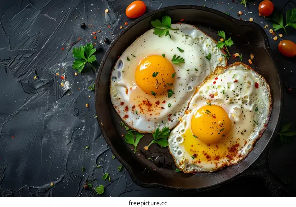 Fried Eggs with Cherry Tomatoes, Parsley, and Spices in a Frying Pan