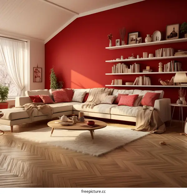 A cozy living room with a red accent wall and a white sectional sofa