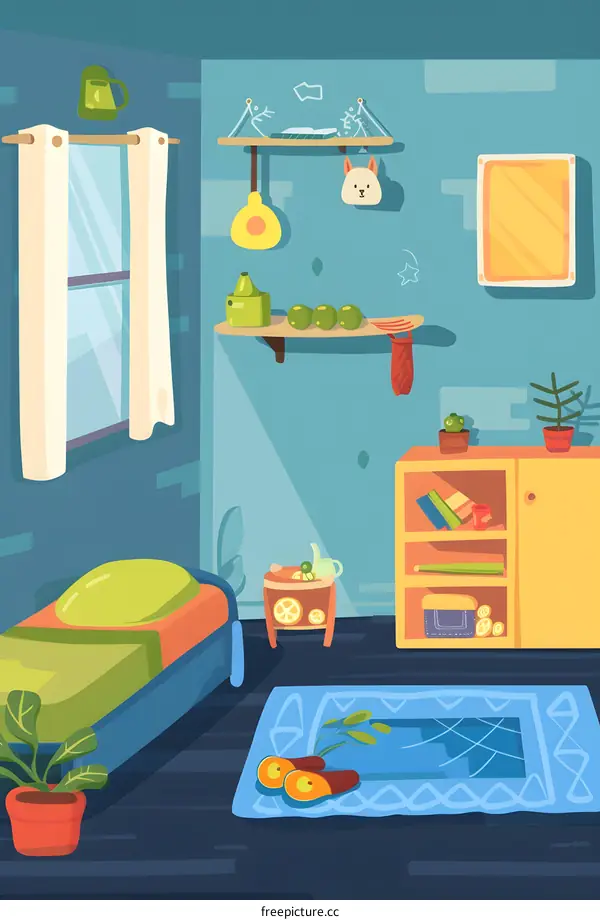 Cartoon Illustration of a Cozy Bedroom with a Bed, Shelves, and a Rug
