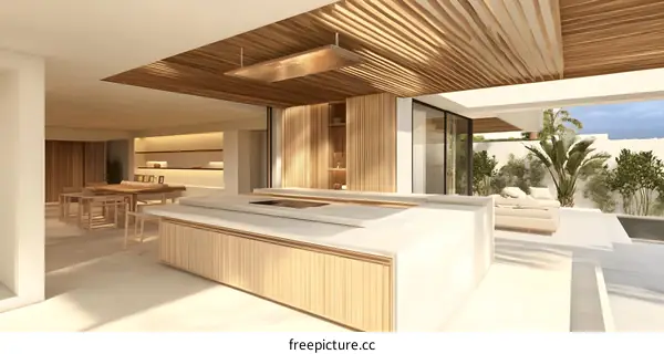 Modern Kitchen Interior Design With Wooden Ceiling And  Open Plan