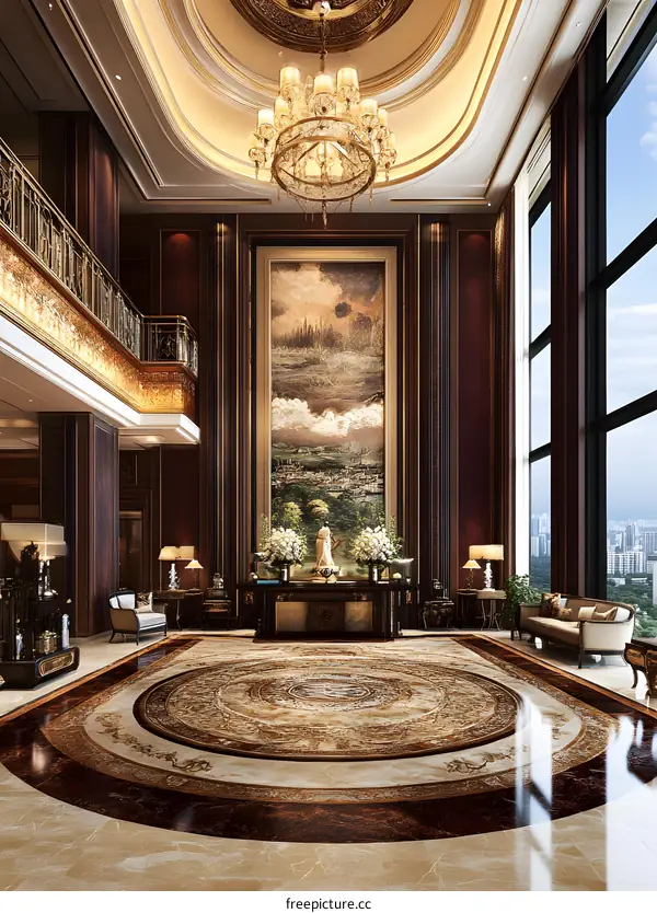 Luxury Hotel Lobby Interior Design With Chandelier And Large Painting