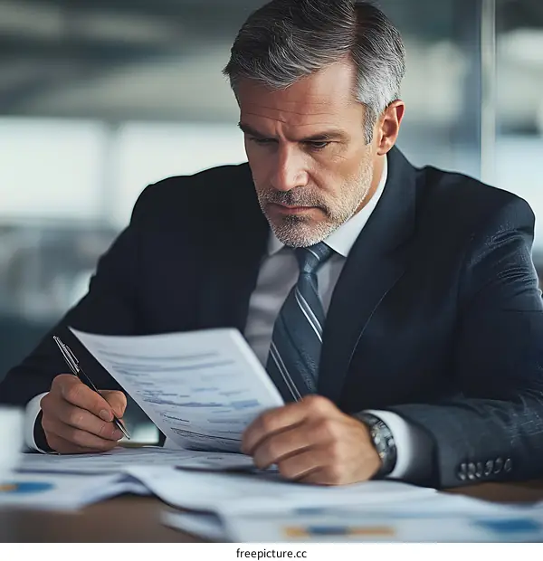 Businessman Analyzing Financial Documents In Office