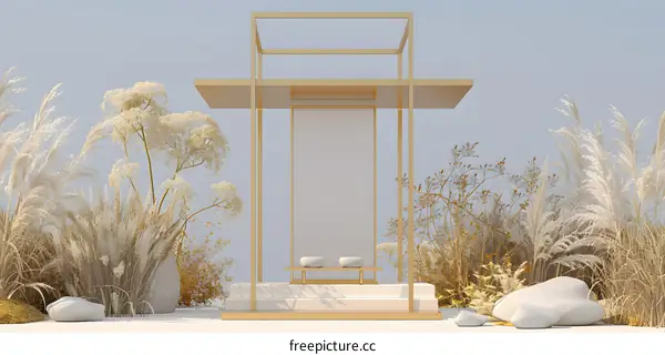 Minimalist Golden Frame with White Stones and Grass