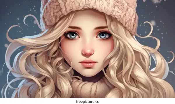 A beautiful blonde girl with blue eyes wearing a pink beanie