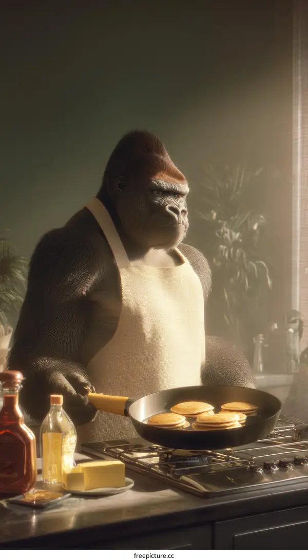 Gorilla Chef Cooking Delicious Pancakes in a Kitchen