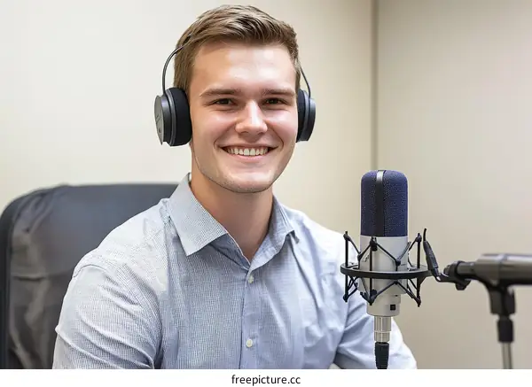 Young Man Broadcasting with Headphones and Microphone