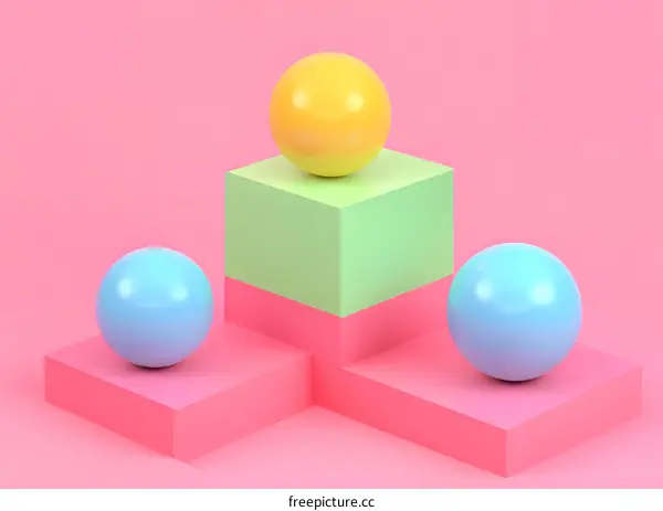 Abstract 3D Geometric Shapes and Balls on a Pink Background