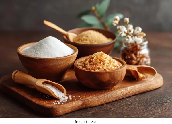 Different Types of Sugar in Wooden Bowls