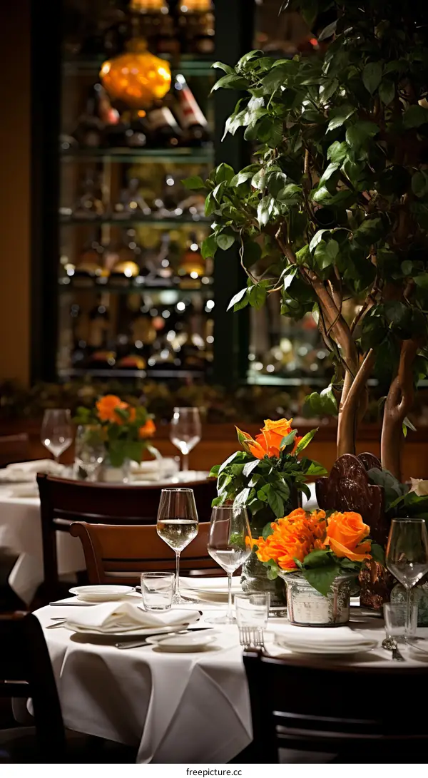 Elegant restaurant with orange flowers and a tree in the middle