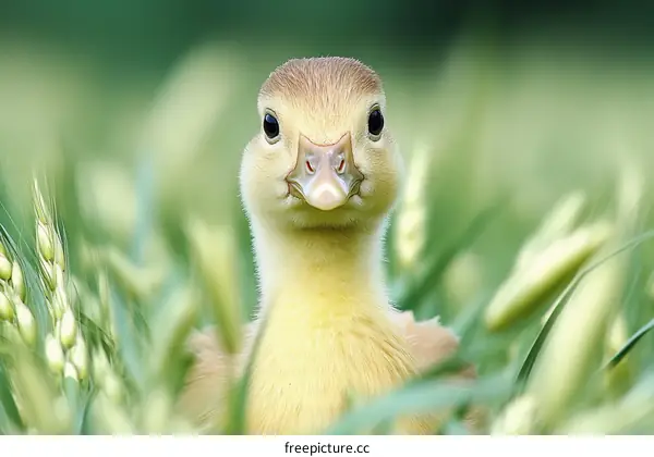 Cute Little Duckling in Green Field