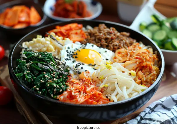 Korean Bibimbap: A Savory Rice Bowl with Kimchi and Vegetables