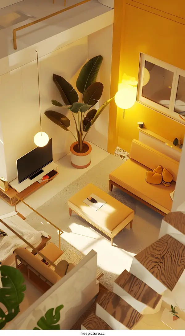 Minimalist Living Room Interior Design with Yellow Walls and a Tropical Plant