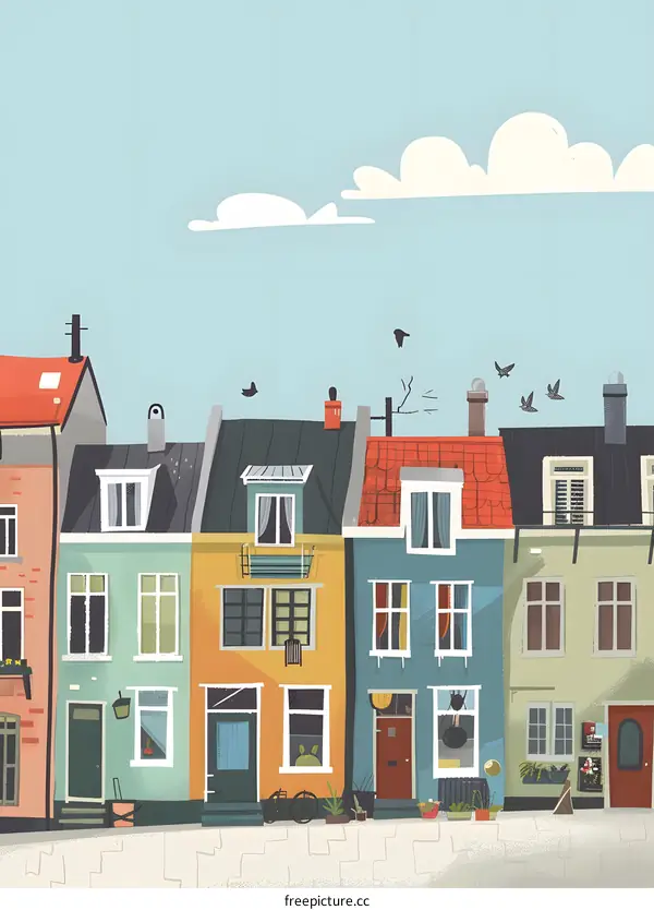 Colorful Row Houses With Blue Sky And Clouds