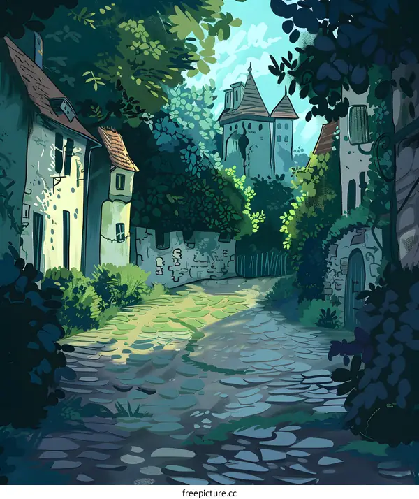 Fantasy Village Street Illustration with Cobblestones and Green Trees