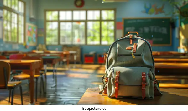 An empty classroom with a backpack on a desk