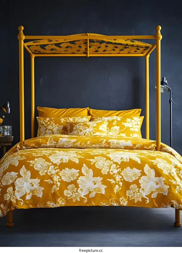 Yellow Floral Canopy Bed in Modern Bedroom