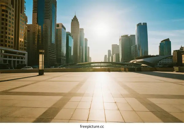 Urban Square with Modern Skyscrapers Under Bright Sunlight
