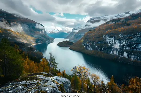 Autumn Scenery in Norway with a Stunning View of a Fjord and Mountain