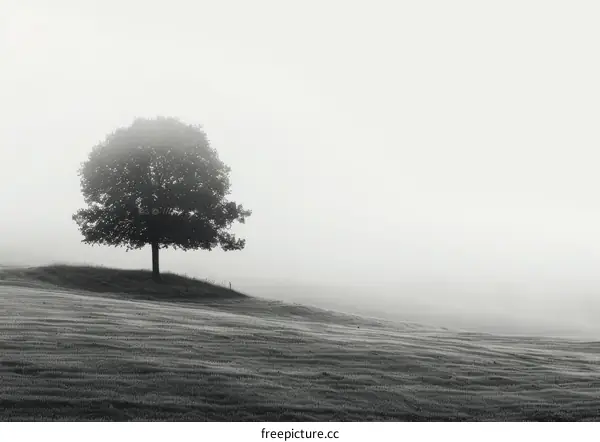 Black and white photo of a lonely tree on a hill shrouded in fog