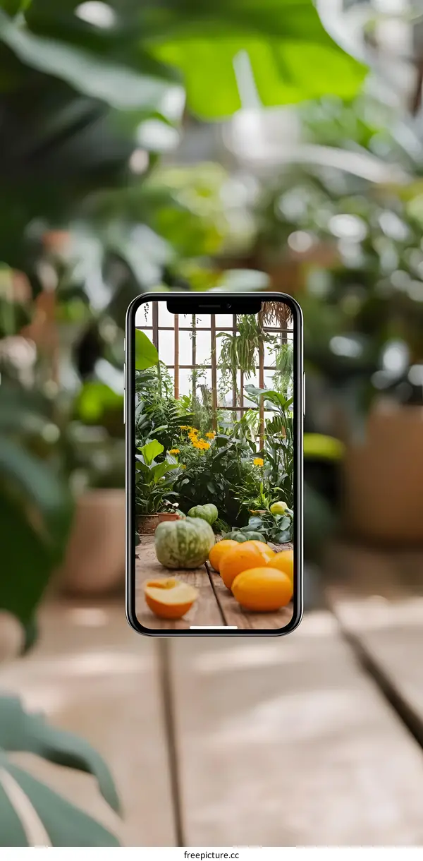 Phone Showing a Picture of a Greenhouse With Melon and Other Plants