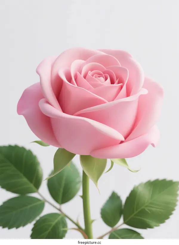 A Beautiful Pink Rose with Fresh Green Leaves in Soft Light