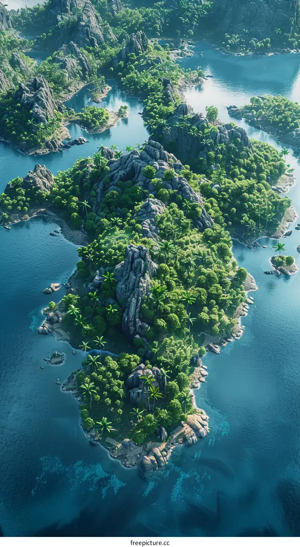 Uncharted Tropical Island Landscape with Palm Trees and Rocks