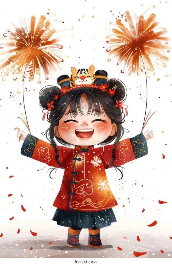 A girl in a red cheongsam celebrates the Chinese New Year