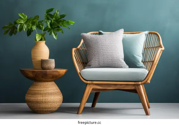 A Stylish and Cozy Living Room with Armchair and Wooden Table