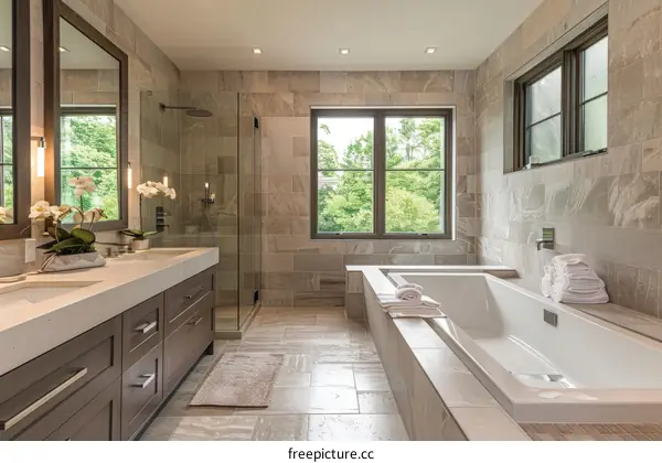 Modern Bathroom with Large Window and Tile