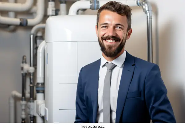 Portrait of a young male professional smiling in front of a boiler.