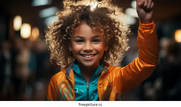Happy Curly-haired Girl Raising Hand in Celebration
