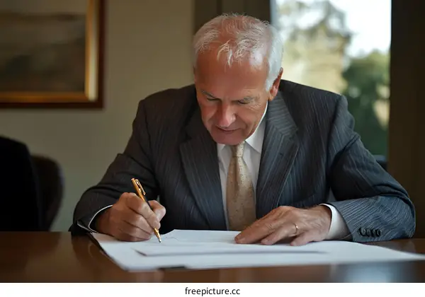 Senior Businessman Signing Documents in Office