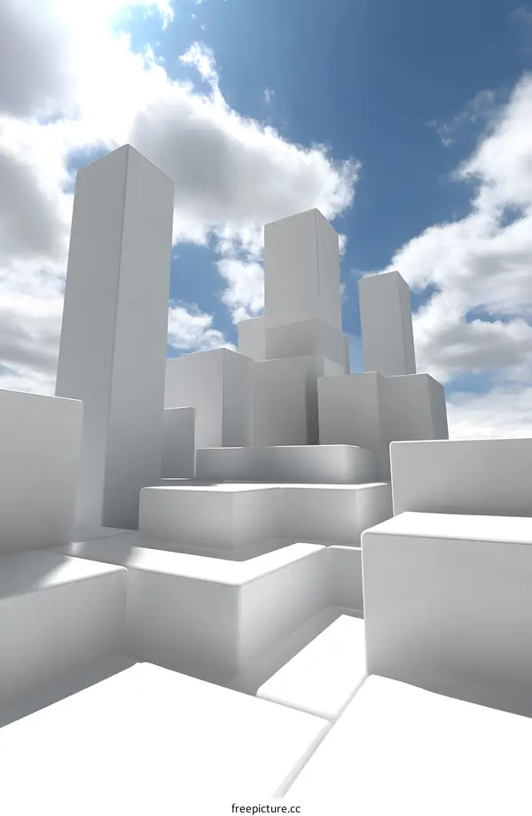 Abstract Cityscape Illustration With White Cubes And Blue Sky