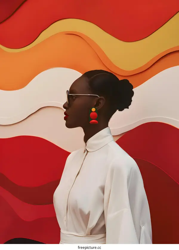 Woman In White Shirt With Red Lips Against Red And Orange Abstract Background
