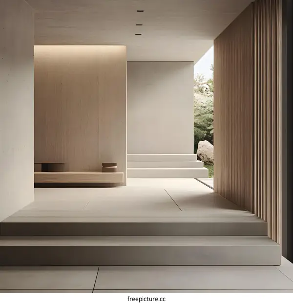 Minimalist Interior Design With Wooden Paneling And Stone Walls