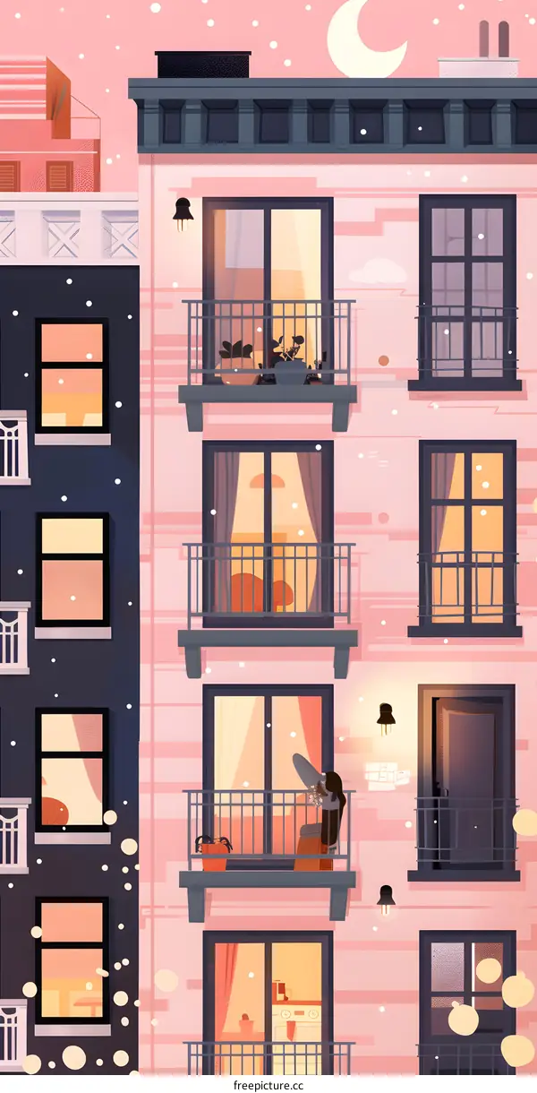 Woman Standing On Balcony Of Pink Building At Night