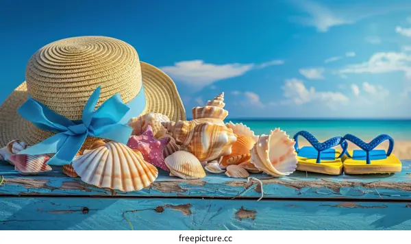 Beach vacation with straw hat, seashells and flip-flops