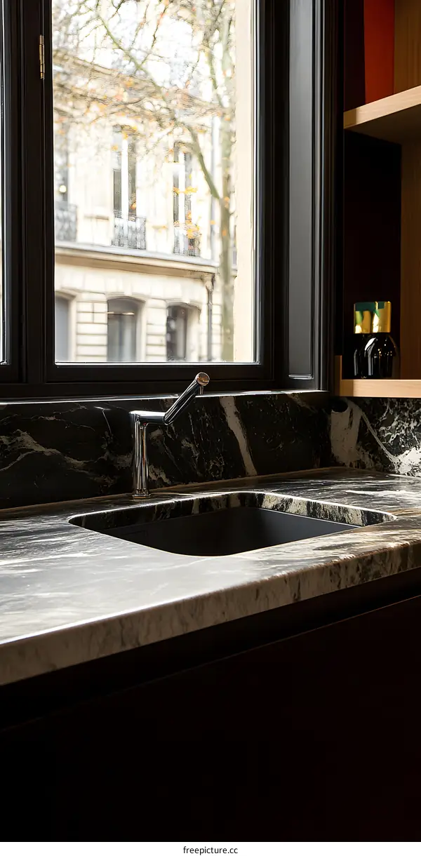 Black Granite Kitchen Sink with Window View