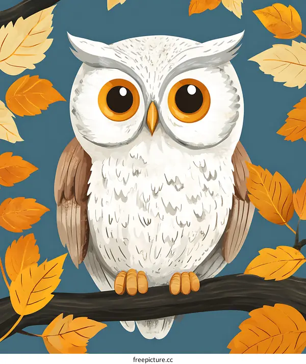 Cute White Owl Perched on Branch with Autumn Leaves