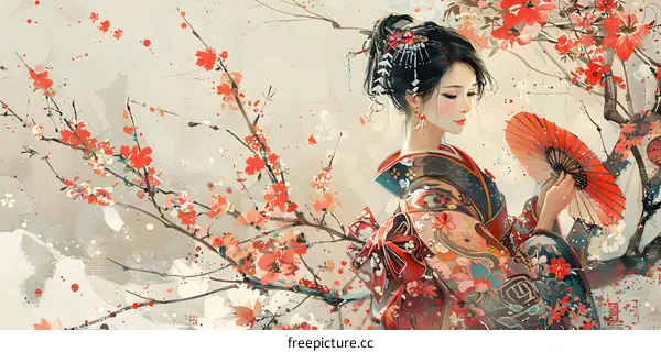 A Japanese woman wearing a kimono stands under a cherry blossom tree.