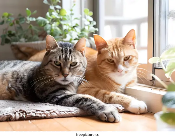 Two Cats Relaxing by the Window